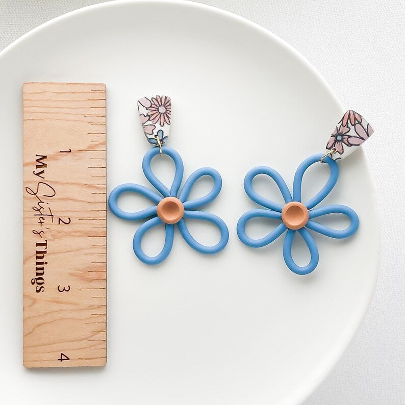 Funky Boho Chic Blue Flower Statement Earrings | Unique Handmade Earrings in Lightweight Polymer Clay | Artisan-Made, Fashion-Forward Jewelry for Women
