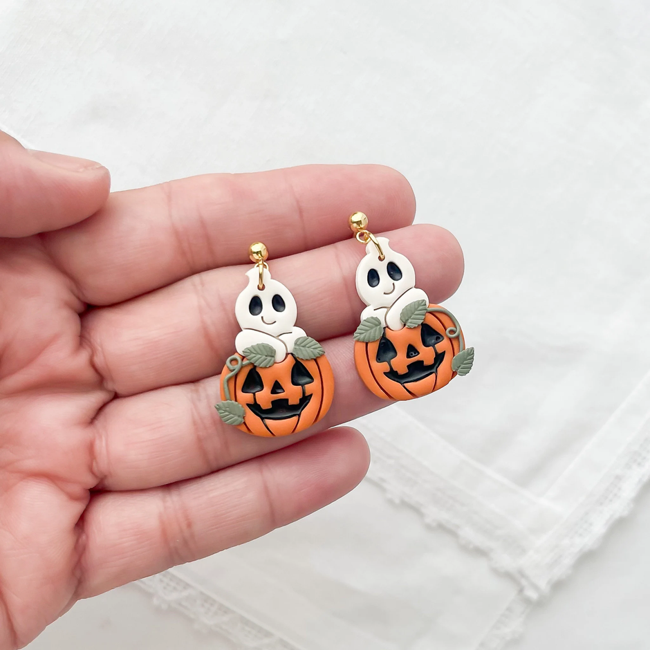 Cute Handmade Ghost and Pumpkin Dangle Earrings - Unique Boho Chic Statement Jewelry for Halloween | Artisan Polymer Clay, Hypoallergenic