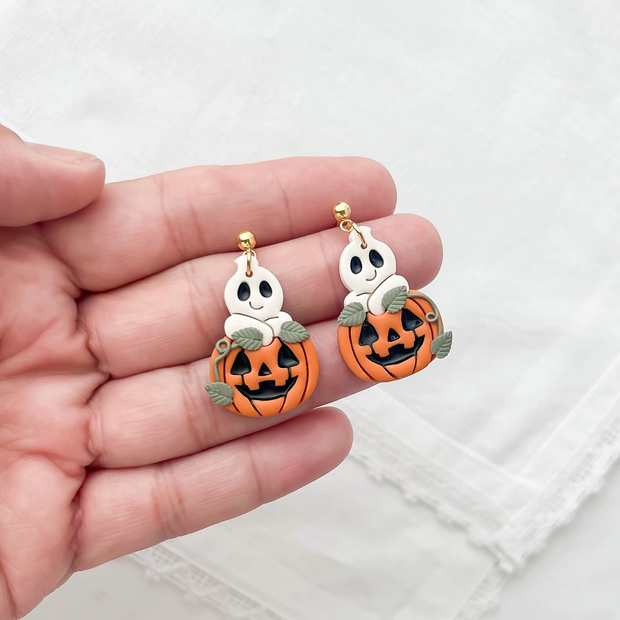 Cute Handmade Ghost and Pumpkin Dangle Earrings - Unique Boho Chic Statement Jewelry for Halloween | Artisan Polymer Clay, Hypoallergenic