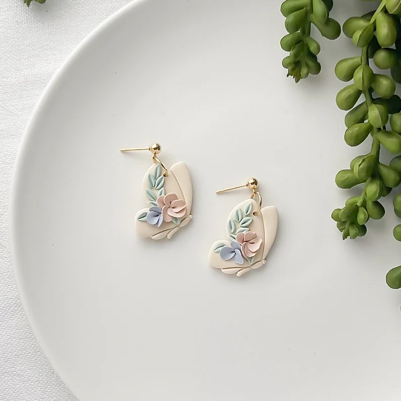 Unique Handmade Pastel Floral Dangle Earrings | Statement Boho Chic Jewelry | Artisan-Made Metal & Polymer Clay Designs