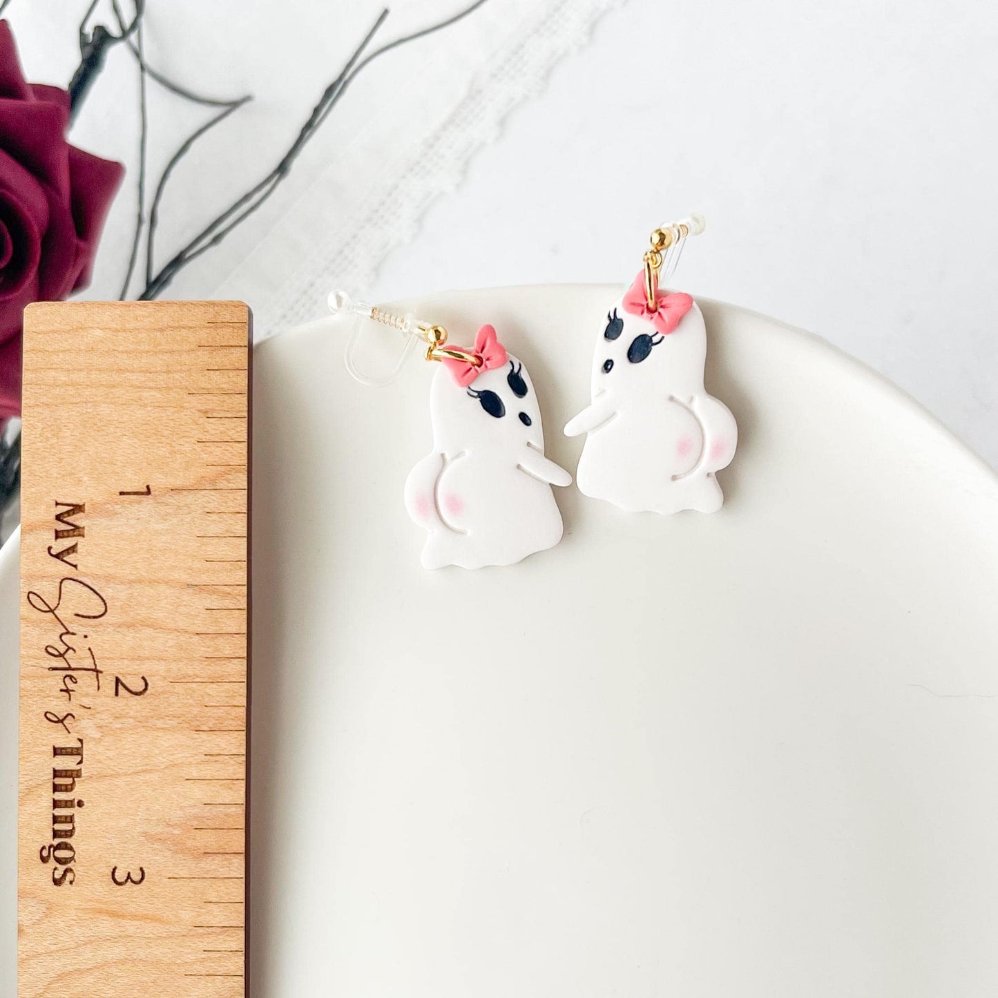 Booty Ghost Dangle Earrings: Cute Halloween Polymer Clay Jewelry, Handmade Fall Accessories, Clip-On Earring Option