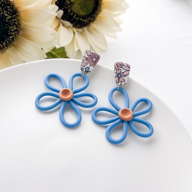 Funky Boho Chic Blue Flower Statement Earrings | Unique Handmade Earrings in Lightweight Polymer Clay | Artisan-Made, Fashion-Forward Jewelry for Women