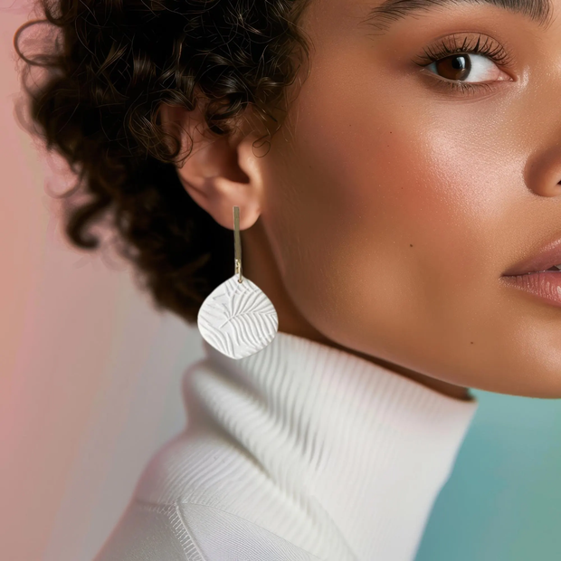 White Palms | White Floral Earrings Dangle | Statement Summer Earrings | Tropical Jewelry Gifts For Her | Palm Leaf Earrings Handmade | Clay Clip On Earrings