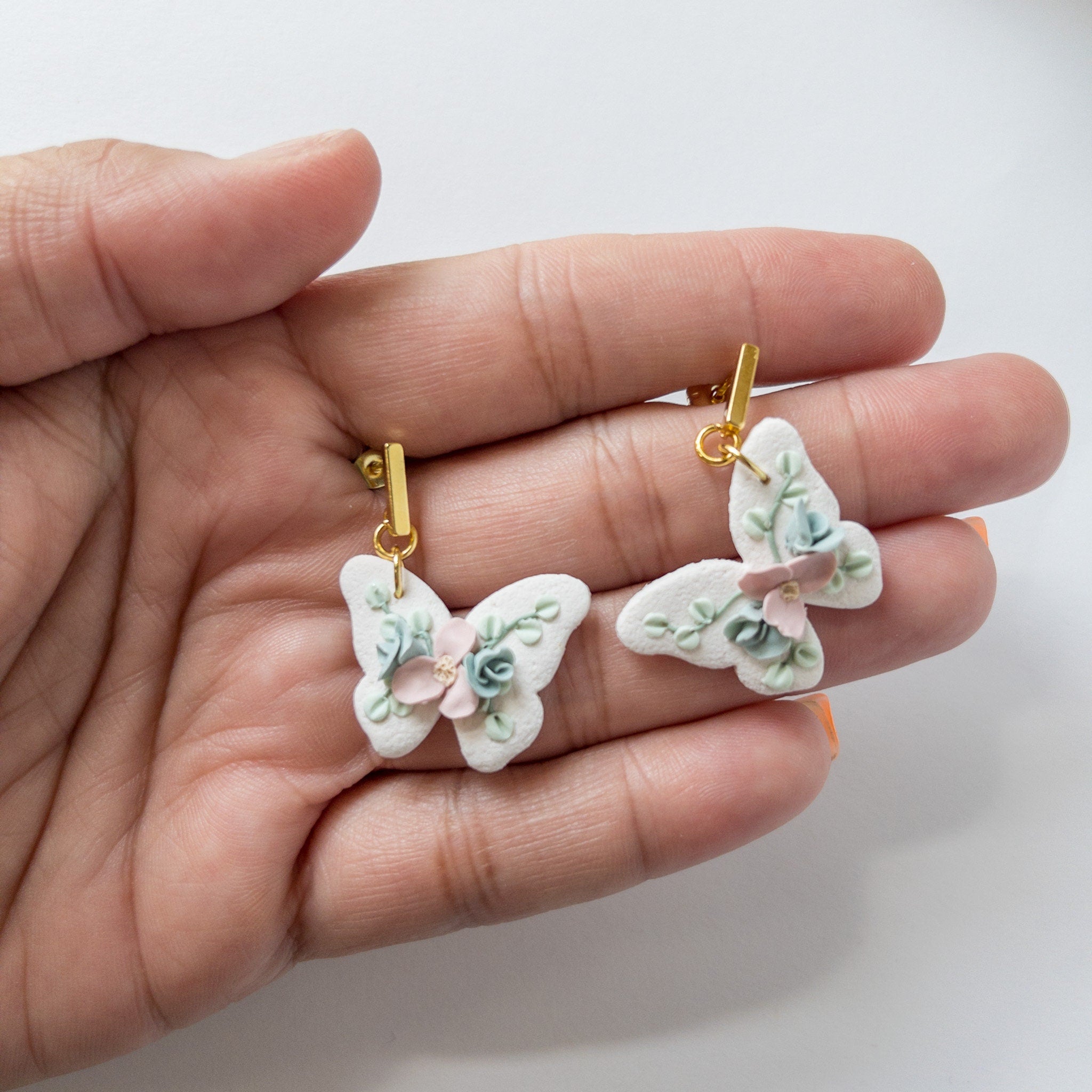 Handmade Butterfly Earrings | Unique Floral Statement Jewelry | Artisan Polymer Clay Clip-On Earrings Option