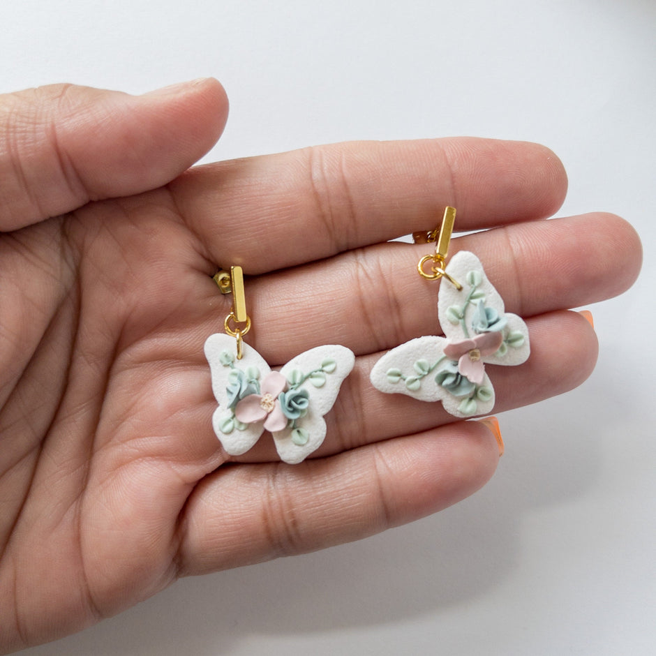 Handmade Butterfly Earrings | Unique Floral Statement Jewelry | Artisan Polymer Clay Clip-On Earrings Option