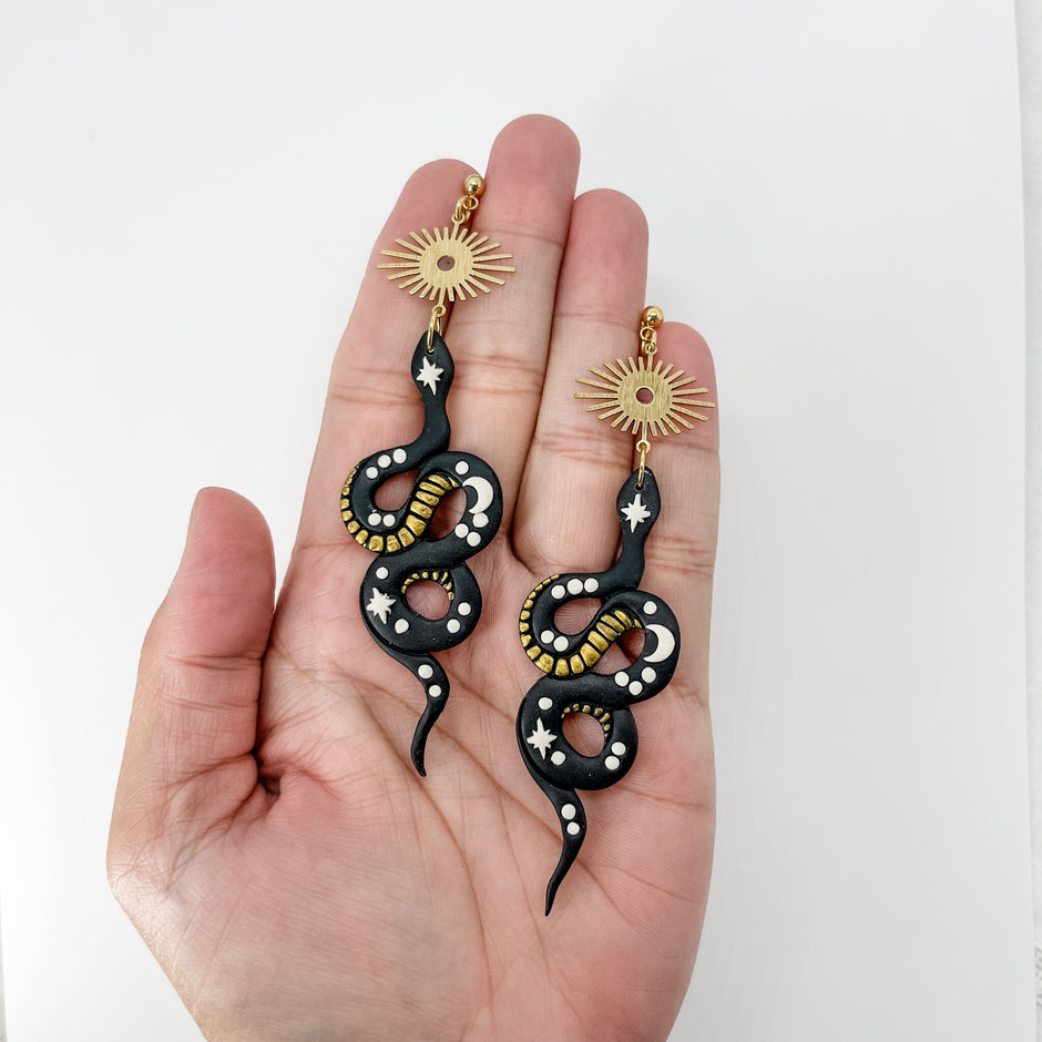 Bold Handmade Black Snake Earrings | Unique Edgy Statement Jewelry | Boho Chic Clip-On Earrings Option