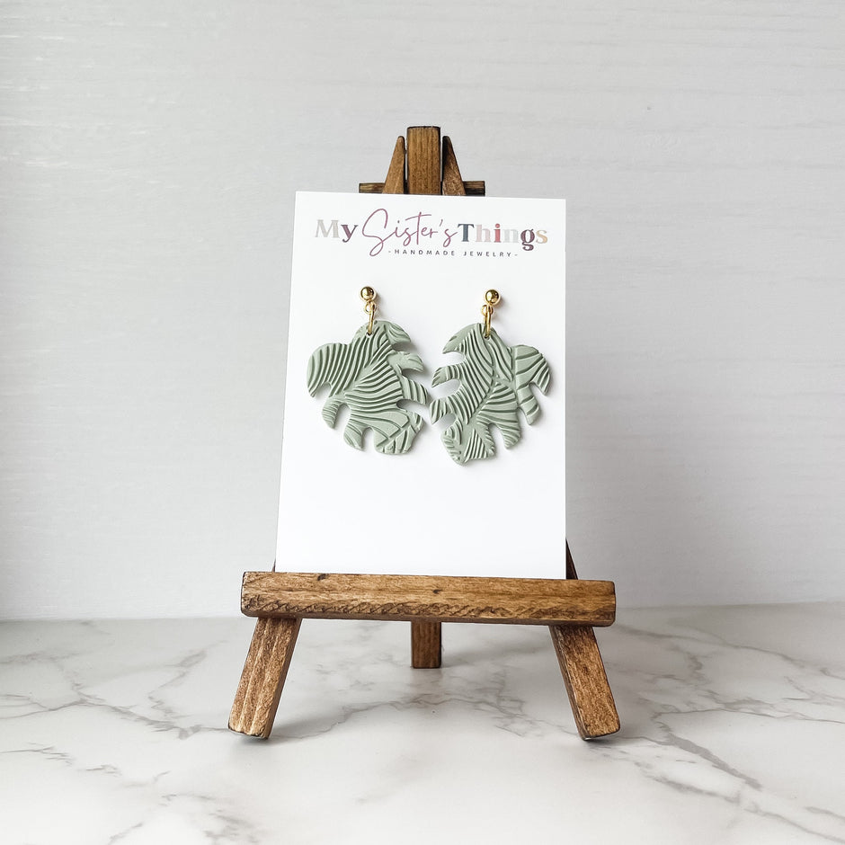 Monstera Leaf Handmade Earrings | Sage Green Polymer Clay Statement Jewelry | Boho Chic Clip-On Earrings