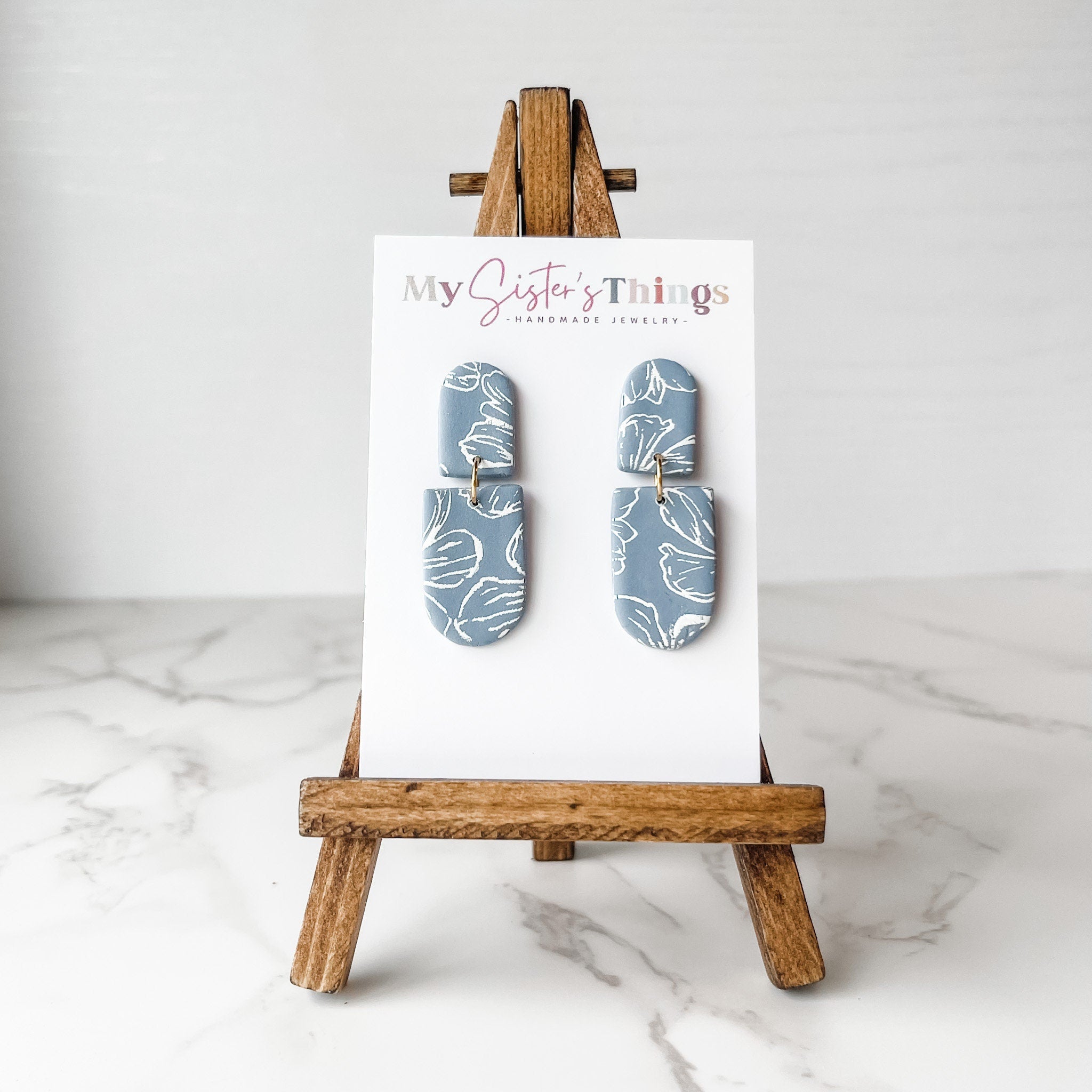 Dusty blue earrings for women, white flower earrings dangle, Mothers day gift for mom, boho earrings clay, best friend birthday gift for her