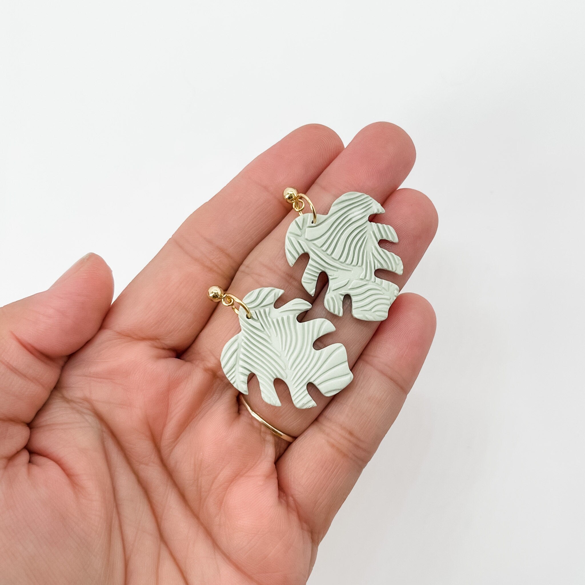 Monstera Leaf Handmade Earrings | Sage Green Polymer Clay Statement Jewelry | Boho Chic Clip-On Earrings