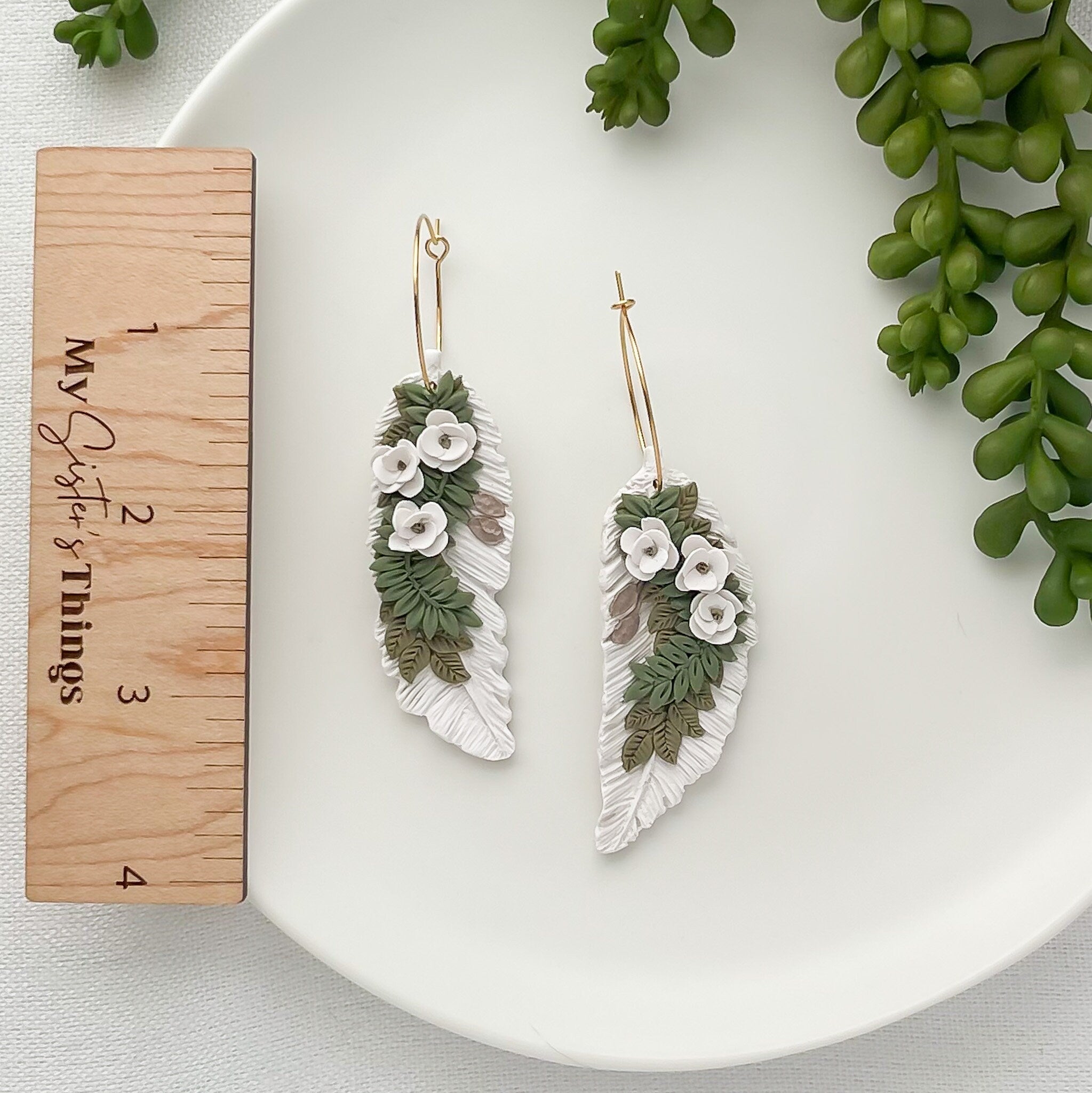 Handmade Feather and Magnolia Statement Earrings | Unique Boho Chic Artisan Jewelry | Boho Clip-On Earrings Option