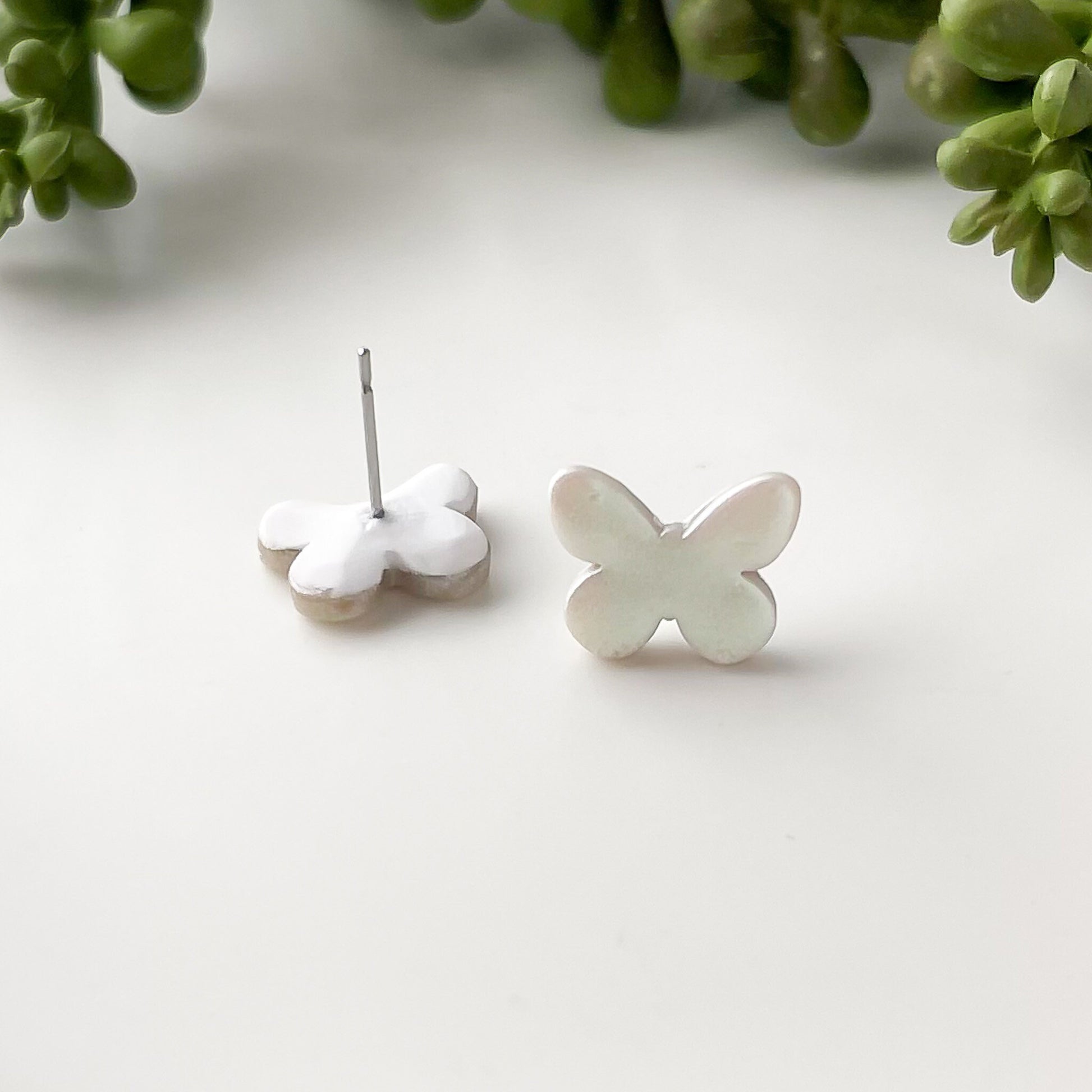 White butterfly earrings stud, dainty butterfly earrings for girls, butterfly gifts for her, iridescent earrings clip on earrings for women
